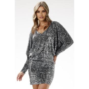 Alkalmi ruhák - Flitteres szürke miniruha hosszú ujjal kép