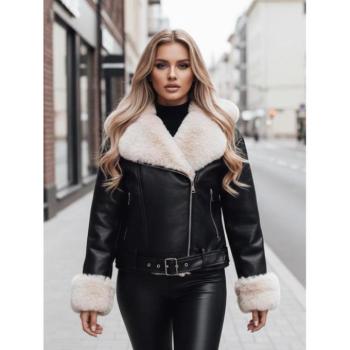 Bőrdzsekik - Fekete női bőrkabát szőrmével TY5118z kép