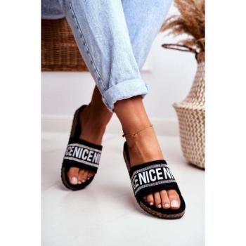 Divat kiegészítők és ruhák kiárusítása - Elegáns női parafa talpú papucs fekete színben, akciósan kép