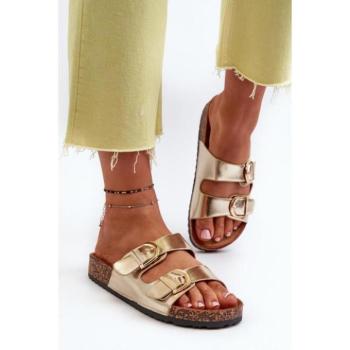 Divat kiegészítők és ruhák kiárusítása - Női arany színű flip-flopok csatokkal akciósan kép