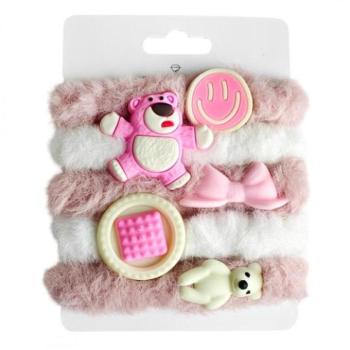 Haj kiegészítők - Rózsaszín-fehér 5 az 1-ben bolyhos hajgumi szett kép