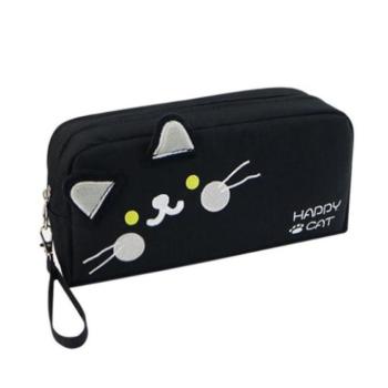 Hátizsákok és zsákok - Fekete, kétkamrás tolltartó macskával kép