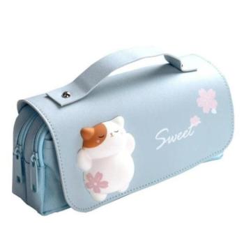 Hátizsákok és zsákok - Kék, kétkamrás tolltartó macskával kép