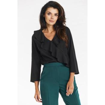 Hosszú ujjú blúzok - Elegáns fekete blúz fodros díszítéssel kép