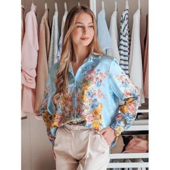 Hosszú ujjú ingek - Világoskék női ing virágokkal DY0466 kép