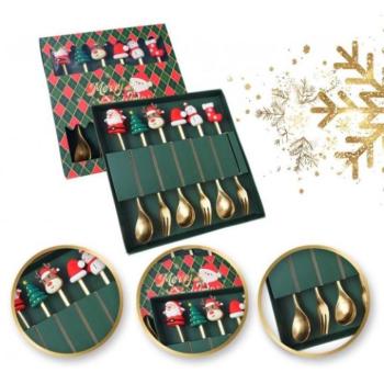 Karácsonyi dekoráció - Arany kanál és villa készlet karácsonyi figurákkal - 6 db kép
