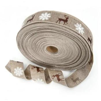 Karácsonyi dekoráció - Bézs szalag, hópehellyel és rénszarvassal kép