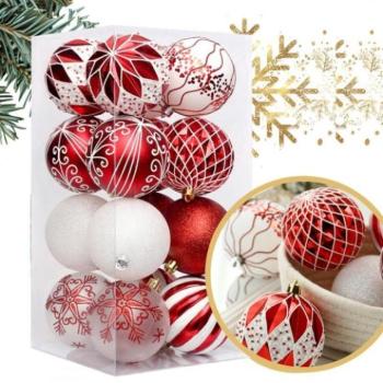 Karácsonyi dekoráció - Fehér és piros karácsonyi golyókból álló készlet - 16 db. kép
