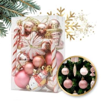 Karácsonyi dekoráció - Karácsonyi rózsaszín karácsonyfadíszek - 13 darabos kép