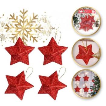 Karácsonyi dekoráció - Piros csillámos csillagok szett - 4 db kép