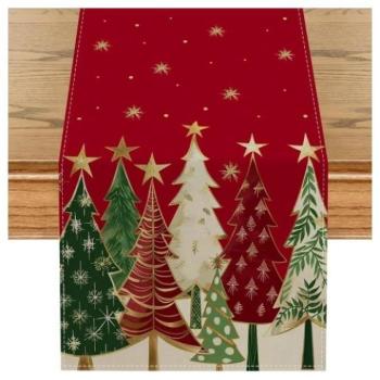 Karácsonyi dekoráció - Piros karácsonyi terítő fákkal - 180 x 33 cm kép