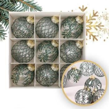 Karácsonyi dekoráció - Zöld mintás karácsonyi golyókészlet - 9 db. kép