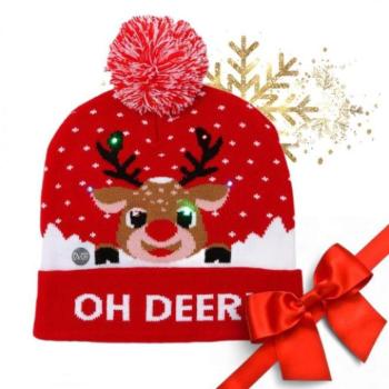 Karácsonyi kollekció - Piros karácsonyi LED sapka rénszarvas motívummal kép