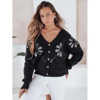 Kardigánok - Fekete női pulóver flitteres virágokkal MY2502 kép