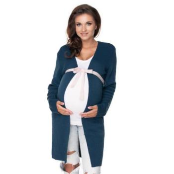 Kismama divat - Kék kismama kardigán, kontrasztos övvel kép