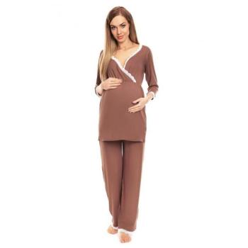 Kismama pizsamák - Kismama pizsama nadrággal és hosszú ujjúval, cappuccino színben, nyakkivágással kép