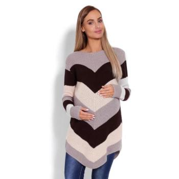 Kismama szvetterek - Cappuccino színű, lekerekített, hosszú kismama pulóver, átlós csíkokkal kép