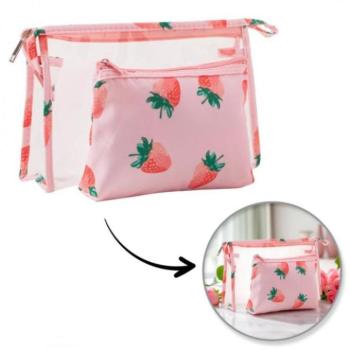 Kozmetikai táskák - Rózsaszín kozmetikai táskák szett eperrel - 2 az 1-ben kép