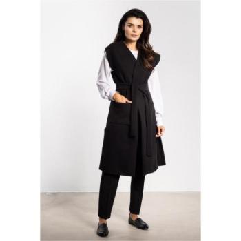 Mellények - Fekete hosszú polár mellény övvel kép