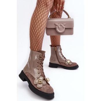 Női bakancsok - Női bézs színű workerek díszítésekkel kép