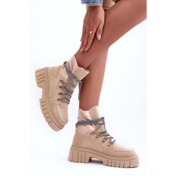 Női bakancsok - Női bézs színű workerek jellegzetes fűzőrendszerrel kép