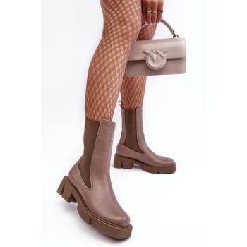 Női csizmák - Bézs színű bőr csizma nőknek kép