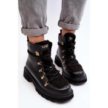 Női csizmák - Fekete bőr csizma szőrme díszítéssel kép