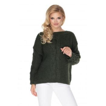 Női divat - Khaki színű oversize szvetter dekoratív fonattal hölgyeknek kép