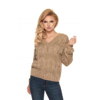 Női divat - Női áttört oversize szvetter V-nyakkal, cappuccino színben kép