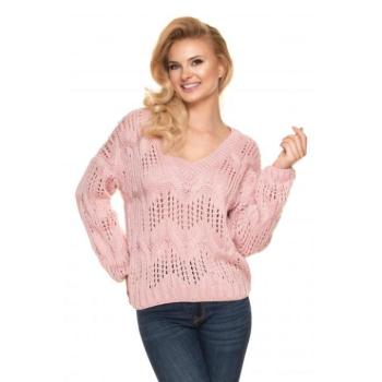 Női divat - Női áttört rózsaszín oversize szvetter V-nyakkal kép