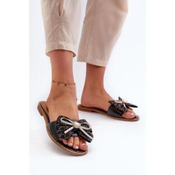 Női papucsok - Fekete bőr flip-flopok masnival kép