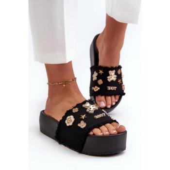 Női papucsok - Fekete platform szandálok csatokkal kép