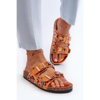 Női papucsok - Metál narancssárga flip-flopok strasszokkal díszítve kép