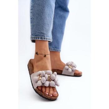 Női papucsok - Női szürke papucs virágokkal kép