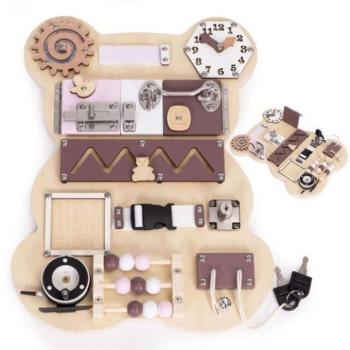 Oktató játékok - Fa szenzoros manipulációs tábla gyerekeknek - maci kép