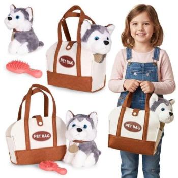 Plüssjátékok - Plüss husky kutya hordozható táskában + kefe kép