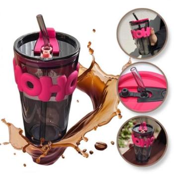 Poharak - Fekete üvegpohár szívószállal és fedéllel - 400 ml kép