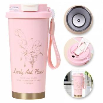 Poharak - Rózsaszín termosz bögre kiöntővel - 550 ml kép