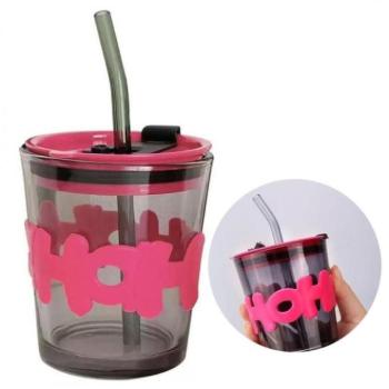 Poharak - Üvegpohár szívószállal és fedővel - 300 ml kép