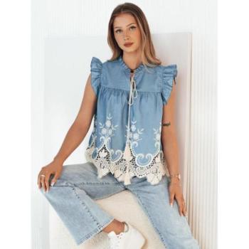 Rövid ujjú blúzok - Női kék blúz csipkével kép