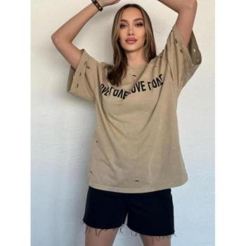 Rövid ujjú - Női bézs színű póló mintával kép