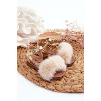 Szandálok lányoknak - Arany szandál lányoknak szőrmével kép