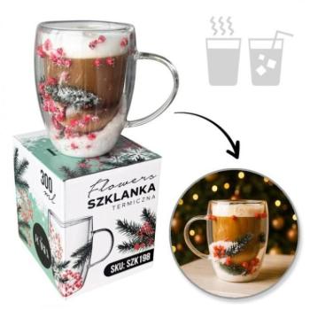 Ünnepi dekorációk - Karácsonyi termosz bögre virágokkal és hóval a belsejében - 300 ml kép