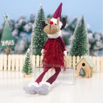 Ünnepi dekorációk - Karácsonyi ülő rénszarvas, lógó lábakkal, piros színben kép