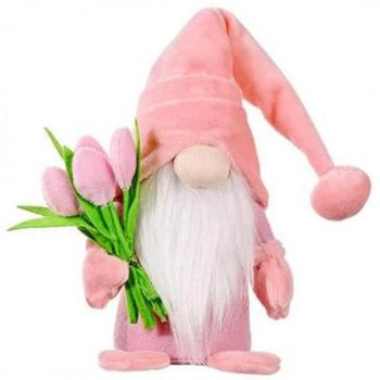Ünnepi dekorációk - Rozsaszín manó, tulipánokkal kép
