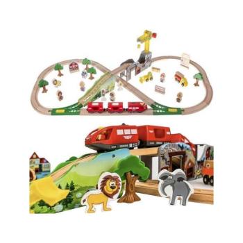 Vonatok és kisautók - Fából készült vasúti pálya gyerekeknek kép