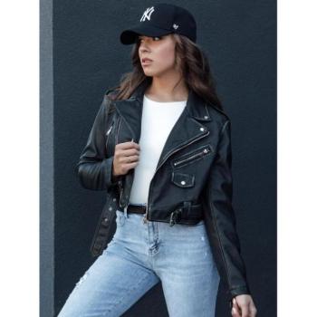 Bőrdzsekik - Fekete női bőrkabát övvel kép