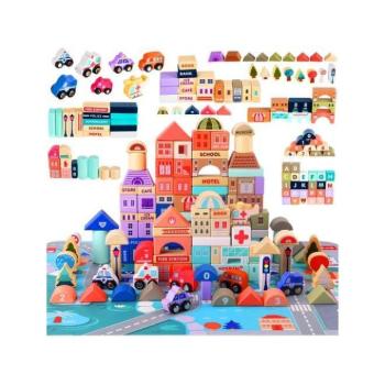 Építő készletek - Gyerek fa építőkocka 115 db - város kép