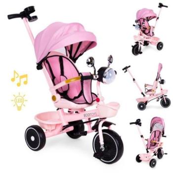 Futóbiciklik, háromkerekűek, rollerek - Rózsaszín gyerek tricikli/babakocsi forgóüléssel kép