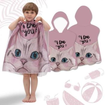 Gyerek törülközők - Gyerek rózsaszín strandtörölköző macskával kép